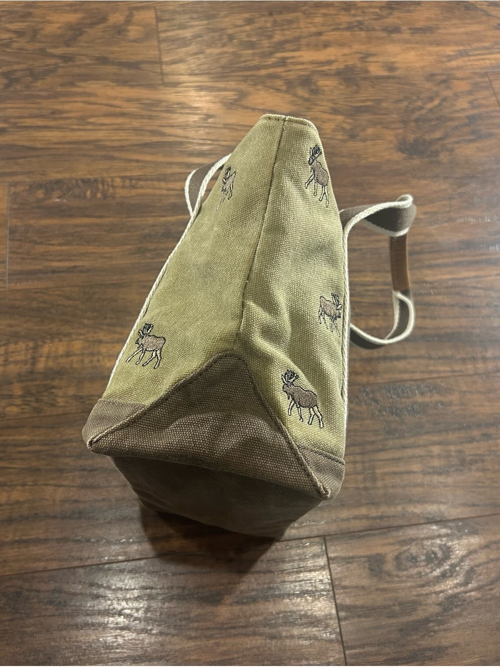 VINTAGE L.L.Bean Canvas Boat & Tote Moose Tan Brown Leather Trim Small Purse Bag - Picture 9 of 14